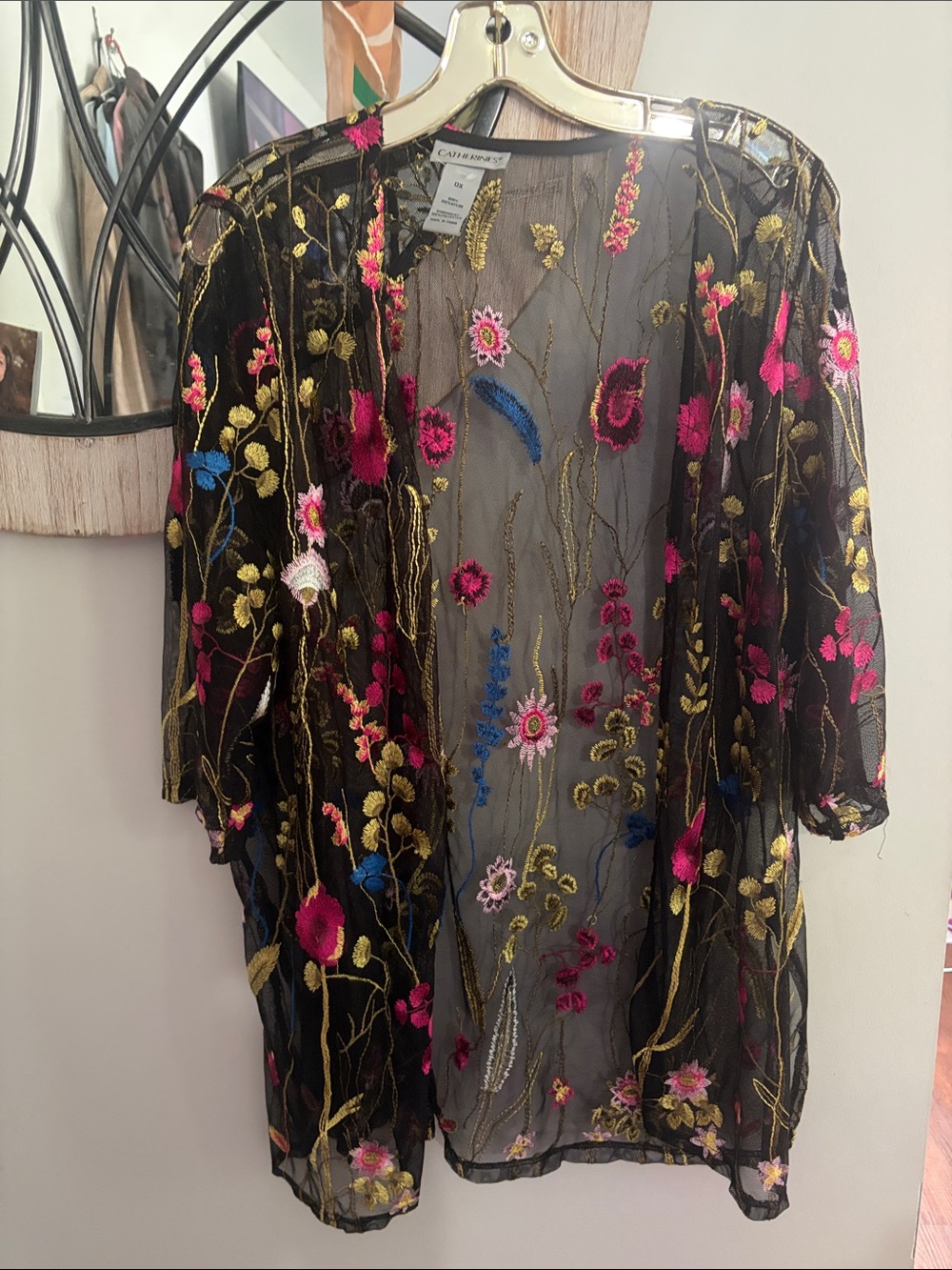 Catherines Black Sheer Embroidered Floral Kimono Jacket